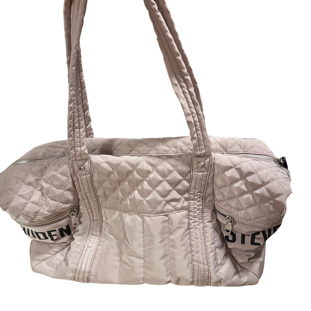 Steve Madden Puffer Weekender Bag Mauve Taupe Quilted Travel Tote Crossbody Bag